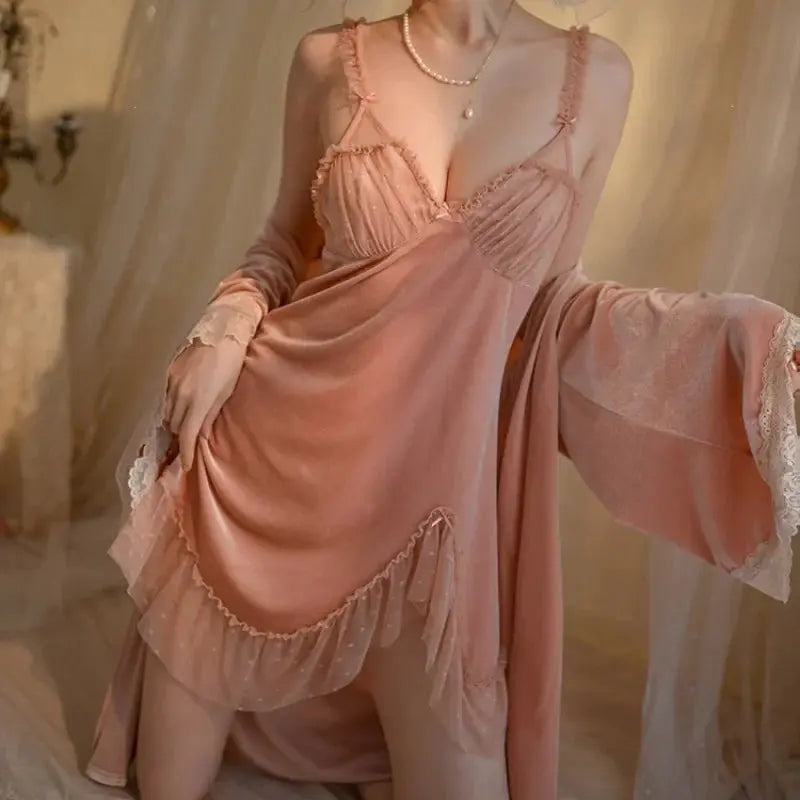 LaceMora Soft V-Neck Mini Robe Set