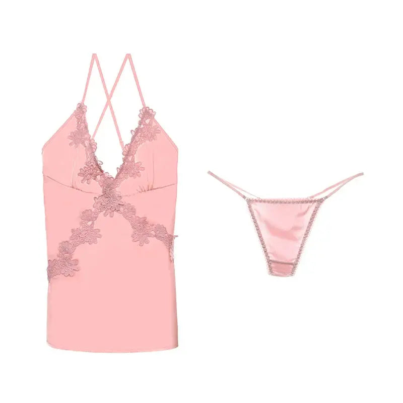 LaceMora Satin Embroidery Backless Nightdress Set