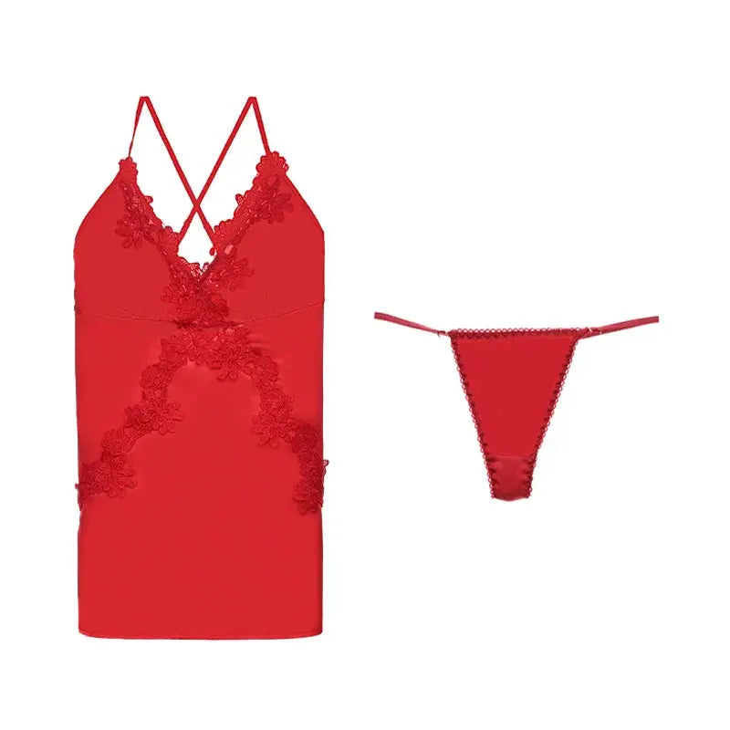 LaceMora Satin Embroidery Backless Nightdress Set