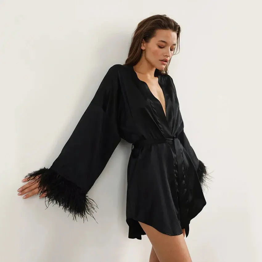 LaceMora Feather Satin Sleep Robe
