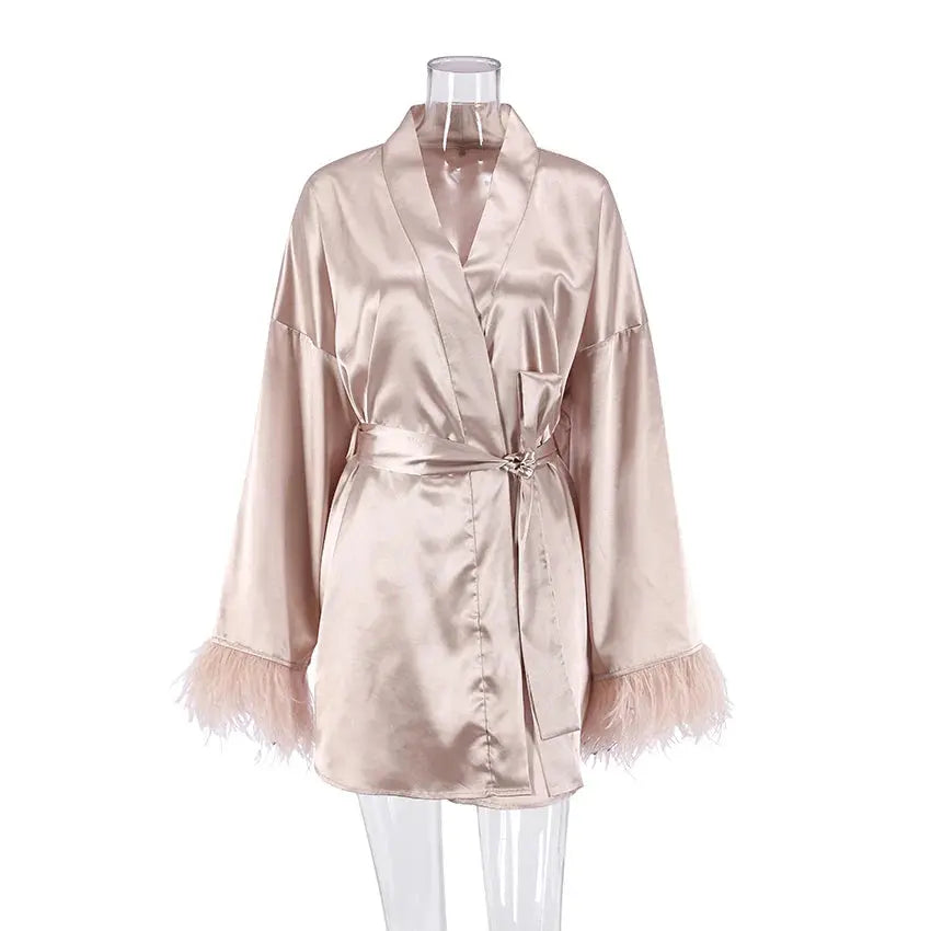 LaceMora Feather Satin Sleep Robe