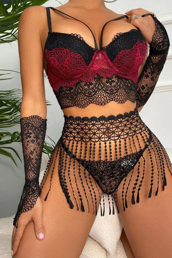 Lace Mora Siri Lingerie Set - Black and Burgundy