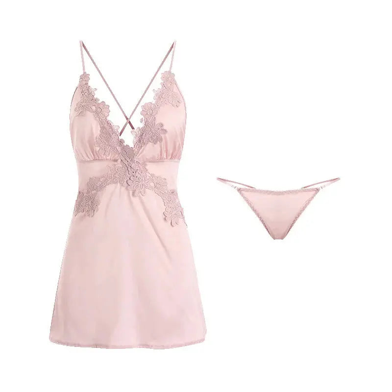 LaceMora Satin Embroidery Backless Nightdress Set