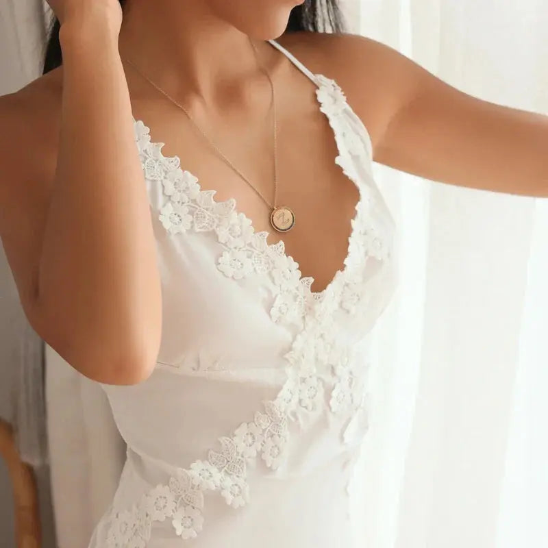 LaceMora Satin Embroidery Backless Nightdress Set