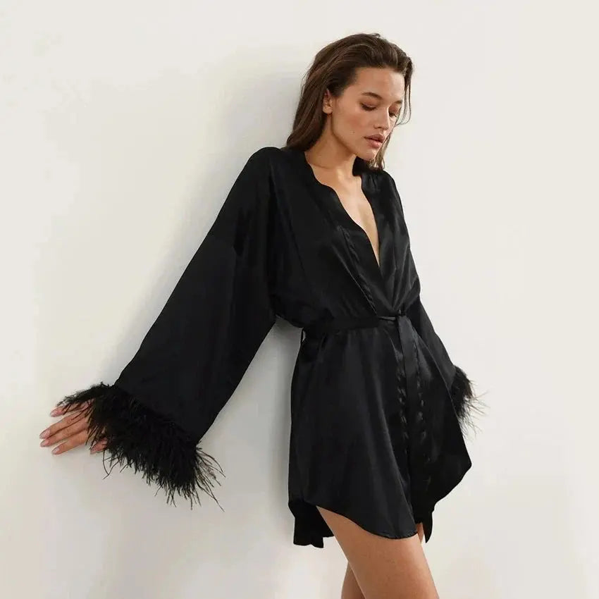 LaceMora Feather Satin Sleep Robe