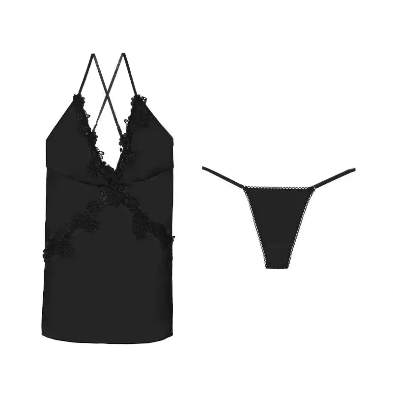 LaceMora Satin Embroidery Backless Nightdress Set