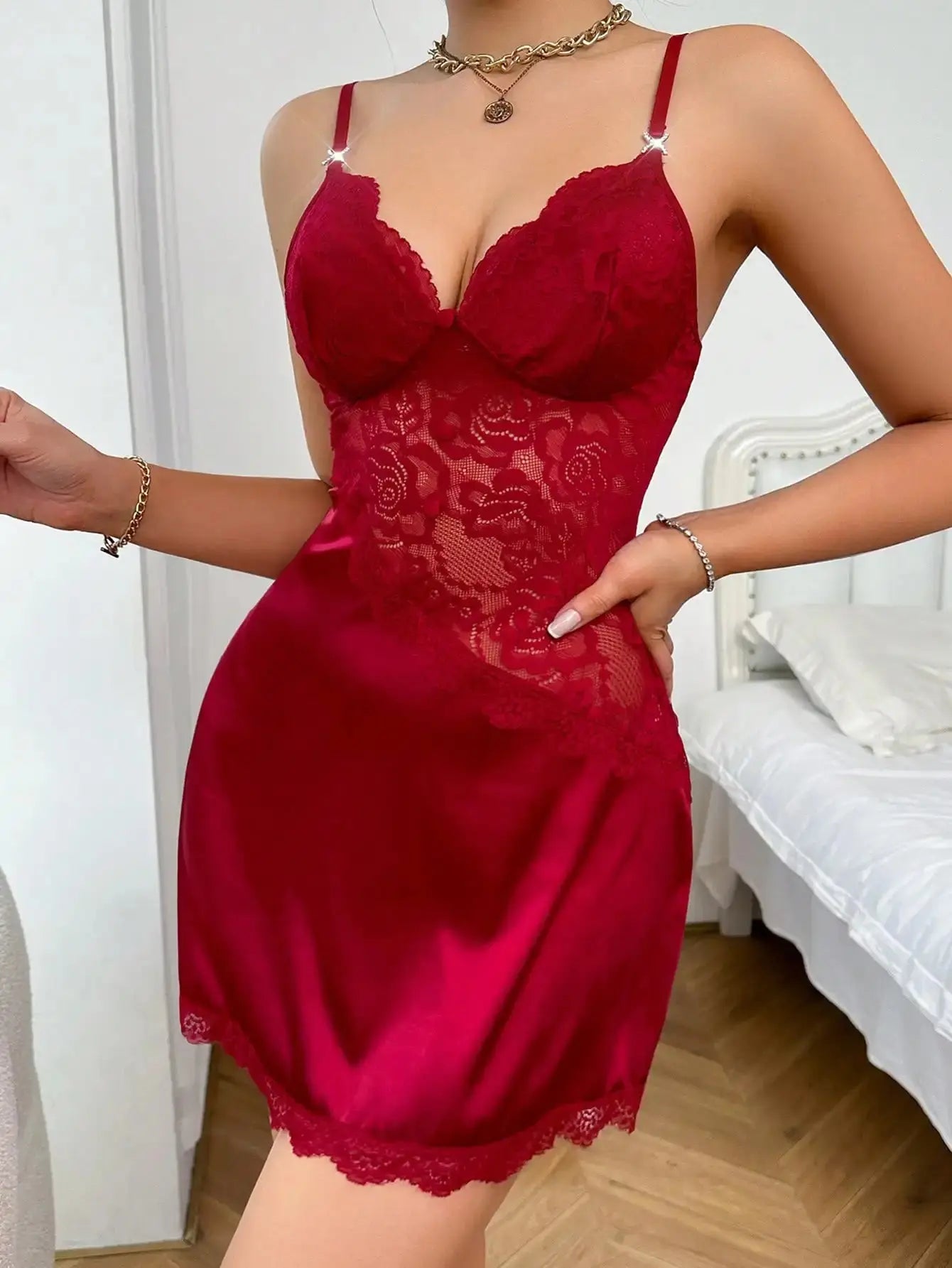 LaceMora Wine Red V-Neck Nightdress