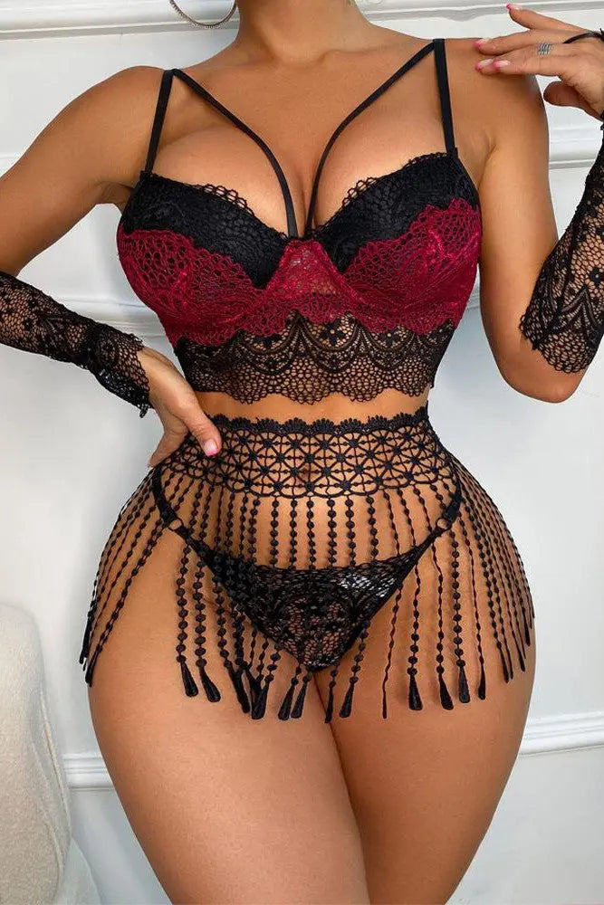 LaceMora Siri Lingerie Set - Black and Burgundy