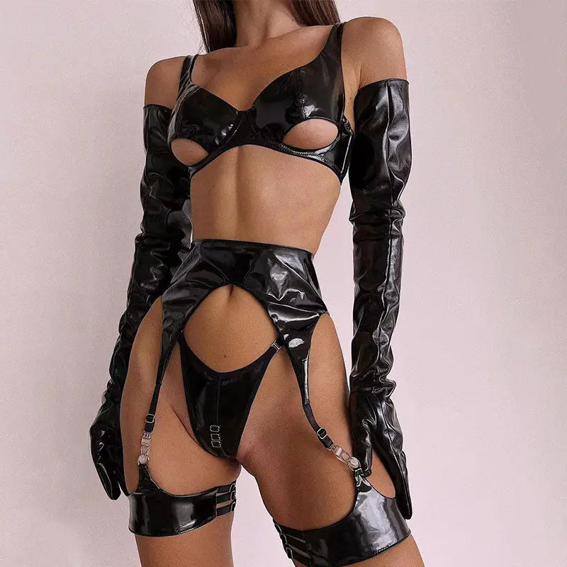 LaceMora Latex Leather Lingerie Set Black Pu